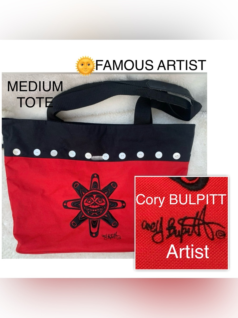 SUN 🌞 CORY BULPITT signed tote, lined, 🐚 button, Native, Haida, ARTIST westcoast